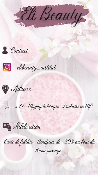 Bonjour à tous , 👋🏼 Je viens d’ouvrir mon institut de beauté . 💆🏻‍♀️ Vous trouverez ci-dessous mes tarifs, ainsi que mes coordonnées. N’hésitez pas à me contacter pour prendre un rendez-vous soit pas téléphone, ou par message privée soit Facebook ou Instagram. De belles offres vous attendent ! ✨ Faites vous plaisir ainsi qu’à vos proches, en offrant des bons cadeaux valables pendant 1 ans . Hâte de commencer cette nouvelle aventure avec vous . À très vite , Elibeauty 🫶🏼 #institut #relax #m