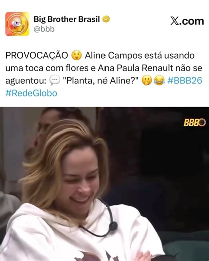 Hugo Gloss on Instagram: "Ela não deixa passar uma! 🗣️ Durante uma conversa na sala da casa, Sol elogiou a touca cheia de flores que Aline estava usando. Ana Paula, que não perde tempo, logo soltou: “Planta, né, Aline?”. “É, então. Estou florescendo [...] Pior que foi boa a piada”, admitiu a dançarina. 🤣 Como diz Karol Conká: “Minha língua é igual chicote, pluplé, pluplé”. 😝 #BBB26 (📹: @tvglobo)"