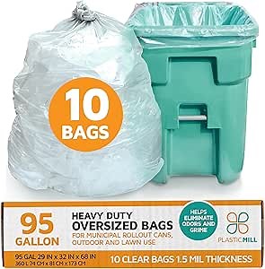 PlasticMill Heavy Duty Clear Garbage Bags for Large Rolling Bins - 95-Gallon, 1.5 Mil, 61"x68" (10-Count)