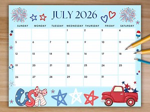 Editable July 2026 Calendar, Printable Calendar W/ USA Fireworks, Family Calendar, Monthly Planner, Homeschool Planner 4th of July - Etsy