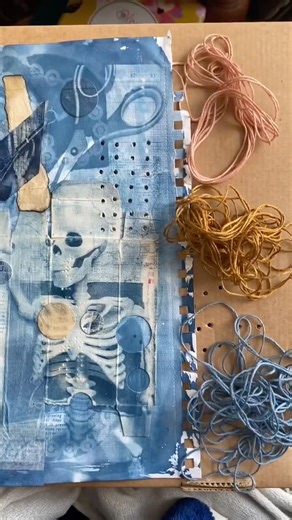 Sewing into My Cyanotype Photography Collage on Recycled Medication Boxes | Mixed Media Art Process