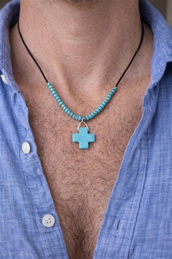 Turquoise Howlite Cross Necklace on Black Leather Cord - Etsy