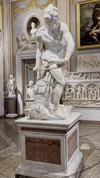 I sculpted 'David' when I was only 26 years old. The sculpture shows a scene from the Old Testament First Book of Samuel. The Israelites are at war with the Philistines whose champion, Goliath, has challenged the Israelite army to settle the conflict by single combat. The young shepherd David has just taken up the challenge, and is about to slay Goliath with a stone from his sling. #galleriaborghese #bernini #gianlorenzobernini #baroque #baroquearchitecture #baroqueart #baroquesculpture #barroco