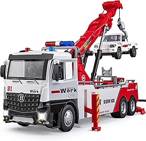 Tow Truck Toy for Boys, Metal Tow Truck with Crane Toy Model, Construction Vehicles with Lights and Sounds, Gift for Kids