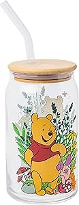Silver Buffalo Disney Winnie the Pooh and Piglet Garden Glass Jar Tumbler with Bamboo Lid and Glass Straw, 16 Ounces