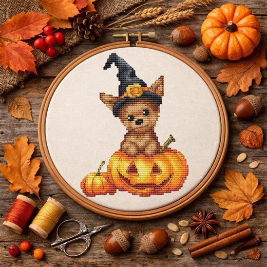 Cute Halloween Puppy Cross Stitch Pattern, Dog on Pumpkin, Witch Hat Dog, Fall Cross Stitch PDF, Instant Download - Etsy