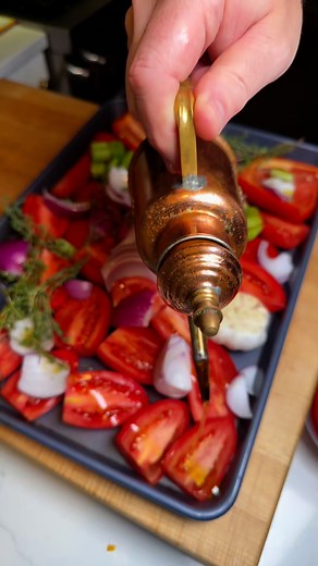 Easy Roasted Roma Tomato Soup with Basil. Love making this time of year. Enjoy Ingredients 6 ripe Roma tomatoes, halved 1 red onion, quartered 1 whole red bell pepper, seeded 1 whole garlic bulb (top sliced off to expose cloves) 2 tbsp olive oil 3–4 sprigs fresh thyme Salt & black pepper, to taste 3 cups good-quality chicken stock Handful of fresh basil leaves Instructions Roast the vegetables Preheat oven to 400°F (200°C). Place tomatoes, red onion, bell pepper, and garlic bulb on a baking shee