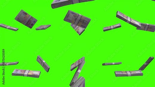 Central African CFA Franc banknotes falling on green screen, XAF currency rain