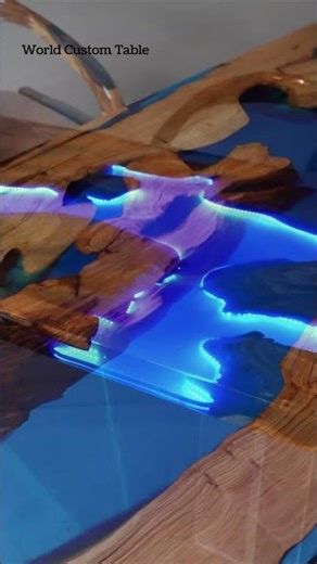 Luxury Olive Wood Blue Resin LED Table | Modern Epoxy Furniture with Artistic Lighting Design