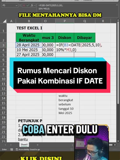 Cara menghitung Diskon menggunakan rumus IF DATE di Soal tes Excel #belajarkomputerdarinol #if #excel #tiktoklive #livehighlights