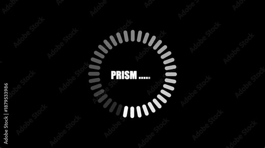 Minimalist circular progress bar loading animation icon featuring PRISM text displayed on a black background for digital user interface web applications and technology.