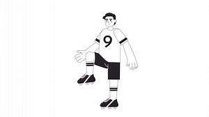 Soccer player exercise bw animation. Animated isolated 2D football coach. Kicking training. Cartoon monochrome thin line character 4K video footage, alpha channel transparency for web design