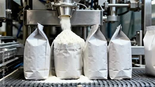 Dynamic medium shot of lined multiwall bags moving on a conveyor as formfillseal machinery fills them with fine dairy powder.