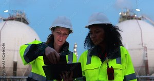 Two diversity female engineers wearing bright green safety jackets work with a digital tablet at a refinery in LPG tanks storage during night shift working