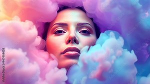 Ethereal portrait of a woman's face blended with colorful, dreamy clouds