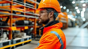 Industrial Engineer in High Visibility Jacket and Safety Helmet Overseeing Operations in a Busy Manufacturing Plant with Modern Machinery During Daytime