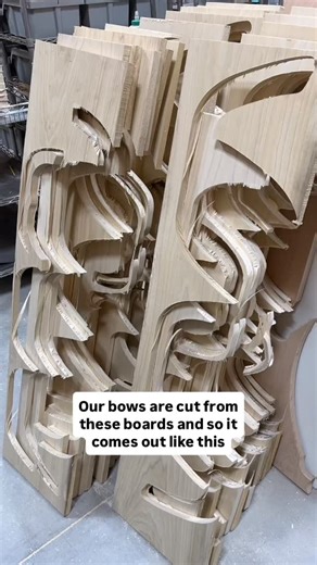 From Jennifer on Instagram: "A little behind the scenes of bows in the making. This is the first step—cutting them out. Next, they’ll be routed to round over all the edges. Then sanding, drilling, sealing, and stringing. Meanwhile, Erin is busy painting and tipping arrows along with sewing quivers for them. Then it all comes together into a cute, fun set to enjoy! Available at www.TreasuresFromJennifer.com"