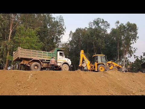 Dump Truck Unloading Soil on Road | JCB Backhoe & JCB Roller Leveling | JCB Machines Working