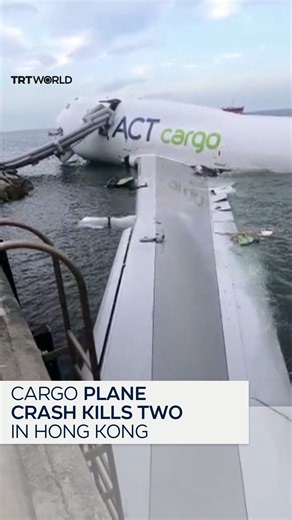 48K views · 528 reactions | A Boeing 747 cargo plane skidded off the runway at Hong Kong International Airport and plunged into the sea after colliding with a ground vehicle on October 20. Four crew members survived the crash, but two airport workers were killed in the incident. | TRT World | Facebook
