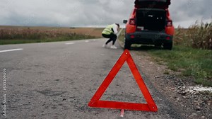 Vehicle Breakdown. Driver Having Problem On Road And Calls For Help. Woman Calling Help Assistance Towing Car