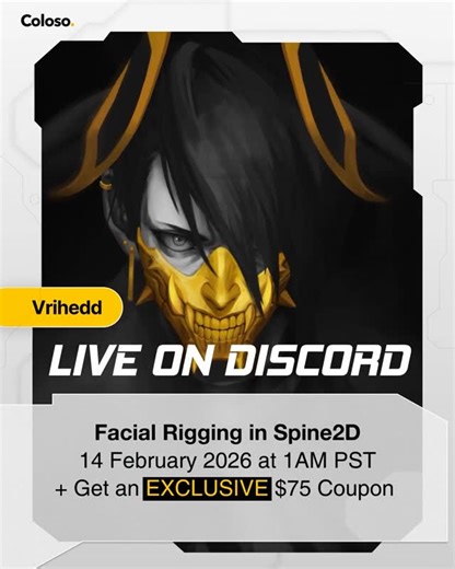 Vrihedd | 2D/3D artist and animator on Instagram: "I’m headed to Coloso’s Discord for a LIVE demo 🎥 It will be the very first time for me to do a stream, so I’m a bit (very much) nervous about it 😂 Join me on 14 February 2026 at 1AM PST as I show you how to do facial rigging in Spine2D & answer some of your burning questions🔥 + get FREE coupons too! You can join Coloso’s Discord via the link in my bio 👌 #coloso #animation #spine2d #rigging #discordtranslate @colosoglobal"