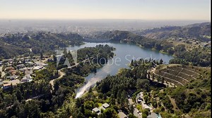 Flight over Lake Hollywood in Los Angeles - Los Angeles Drone footage - aerial photography