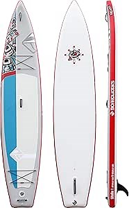 Boardworks SHUBU Raven Touring Inflatable Standup Paddle Board (iSUP) | SUP Package Includes Rolling Backpack, Pump | 12'6", White/Gray/red