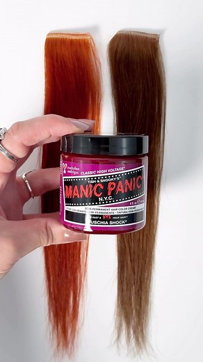 Manic Panic on Instagram: "Your next fall obsession 💜 FUCHSIA SHOCK💜 a jewel-toned pink made for every autumn mood board 🍂 Our darkest pink yet, FUCHSIA SHOCK creates vibrant magenta tones on warm gingers + rich jewel toned depth on brunettes. Perfect for your next DIY color session 🎨✨ Save this swatch for inspo + tag us when you try it 🖤 . . . . #ManicPanic #FuchsiaShock #MagentaHair #PinkHairColor #DIYHairColor #VividHair #FallHairColor #JewelToneHair #HairTransformation #HairInspo #Manic