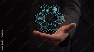 Animated icons with symbols of digitalization of education and science above the open palm of a businessman. Cg
