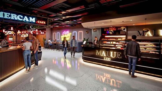 Modern Interior Café Rendering with Warm Ambient Lighting and Contemporary Design