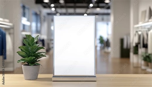 Blank white vertical digital signage display stand with silver metal frame on wooden table surface, small potted green plant beside display, modern retail clothing store background with racks of clo