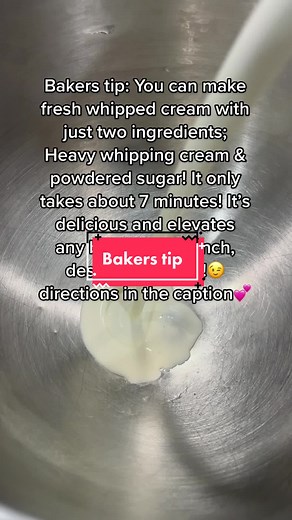 Fresh whipped cream is 🤤 give it a try for your next cake, coffee or breakfast 🥰 Ingredients 1 cup cold heavy whipping cream 2 tablespoons sugar, confectioner's sugar, honey, or maple syrup Directions: Pour heavy whipping cream& sugar into a cold bowl and whisk on high speed until medium to stiff peaks form, about 1 minute. Do not over beat. #baking #whippedcreamrecipe #easyrecipe #bakingtips #baketok👩‍🍳