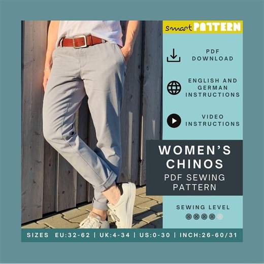 Chinos Sewing Pattern for Women: Classic Fit, Welt Pockets (US 0-30) (PDF Pattern) - Etsy New Zealand
