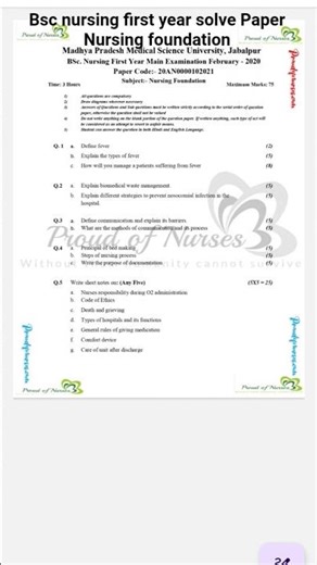 Bsc nursing 1st year solve Paper mp msu 2020 nursing foundation#bsc nursing#nursing degree#exam#nots