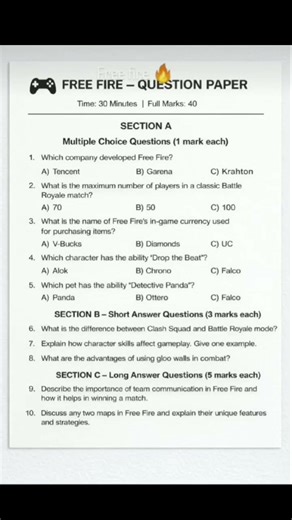free fire exam paper part A