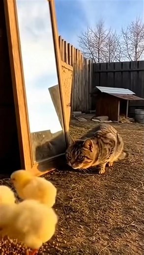 A Cat Sees a Mirror and Fails to Catch the Chicks!