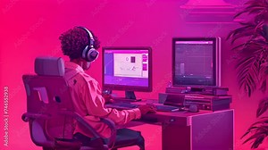 Person is sitting at a desk, wearing headphones, and using a computer