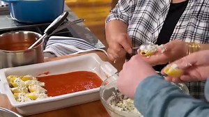 The whole family loves this recipe, and it is a great dish to make when you have lots of guests coming for dinner. Once you’ve stuffed the shells and set them in the baking dish, the rest is easy. The delicious aroma will fill the house while your guests are having drinks, and the shells will arrive bubbling hot to the table. Let’s face it, everyone loves baked pasta— the chef and the guests. This recipe also multiplies well, so it’s good for when you’re entertaining large groups. The shells can