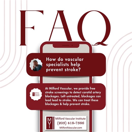 💡 Vascular FAQ 💡 How do vascular specialists help prevent stroke? At Milford Vascular Institute, stroke prevention starts with protecting healthy blood flow to the brain. Vascular specialists specialize in diagnosing and treating conditions like carotid artery disease, where plaque buildup can reduce blood flow or break loose and cause a stroke. One of the most important tools we use is carotid artery ultrasound; a simple, non-invasive way to detect narrowing or blockages before a stroke occur