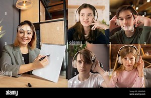 Collage. Group of kids, students studying by group video call, use video conference with each other and teacher. Online education, post-pandemic Stock Photo - Alamy