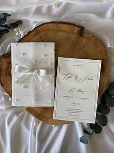 Cream Vellum Wedding Invitation: Embossed Card, Pearls & Satin Ribbon - Etsy