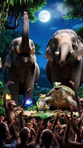 Bro Frog and Bro Turtle host a jungle comedy show, with monkeys clapping and elephants laughing