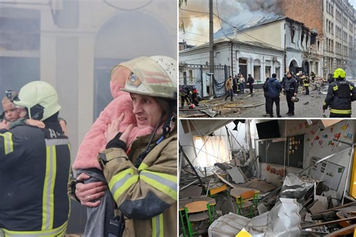 Terrified Ukrainian toddlers cling to firefighters after Russia blasts kindergarten with killer drones