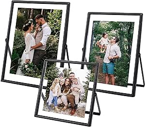 Glass Picture Frame Set of 3, Black Simple Metal Geometric Photo Frame with Glass Cover Includes 5x7, 4x6, 4x4 - Tabletop Floating Picture Frames for Home Decoration, Gift for Father's Day