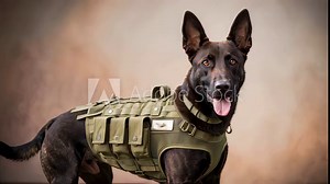 Military working dog wearing tactical vest, alert and focused." Keywords: Military dog, tactical gear, working dog, canine, protection, alert, focused, security, patrol, service dog, defense