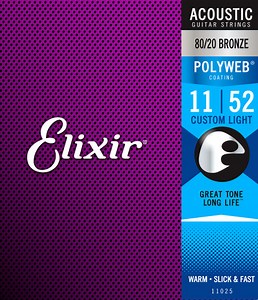 Elixir Polyweb Coated 80/20 Bronze Acoustic Guitar Strings 11025 Custom Light 11-52