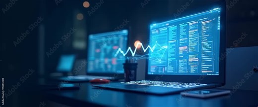 In a cinematic tech office, a computer screen displays dynamic code while the camera slowly pans across the room, capturing the gentle ambient glow of flickering lights.