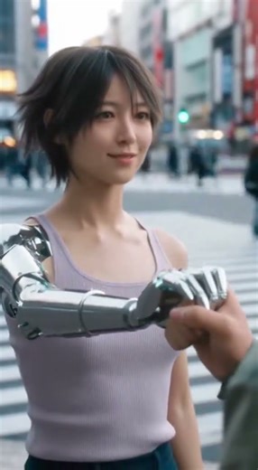 A Cyber Girl Holds His Hand to Cross the Street