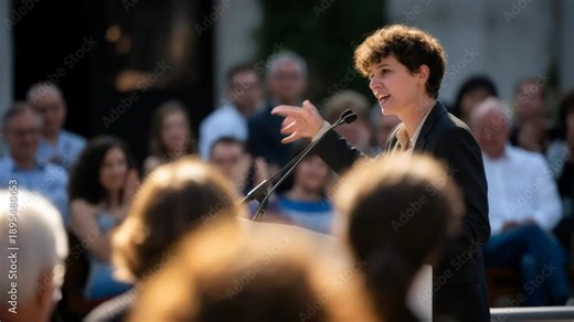 Woman speaking at a podium with microphone during a public event. Public address and political speech with audience.
