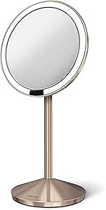 simplehuman Sensor Mirror, Travel Makeup Mirror with Lights, 10X Magnification, Lighted, Round, Free Standing, 5", Rose Gold Stainless Steel